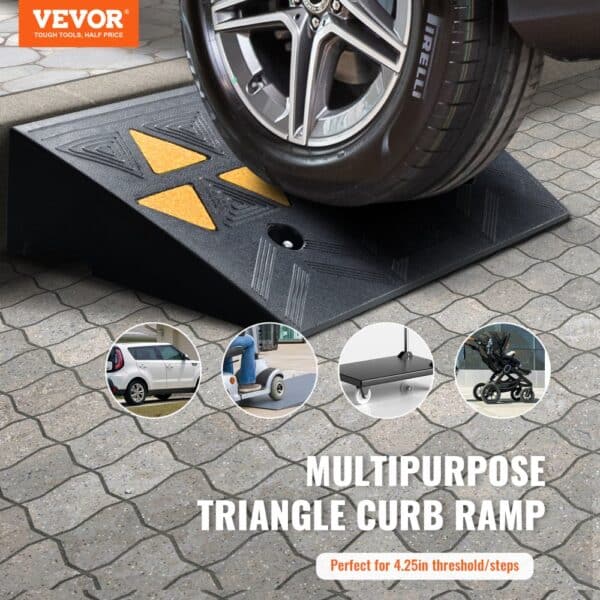 VEVOR rubber curb ramp with a car tire, showcasing multipurpose uses for vehicles, scooters, carts, and strollers.