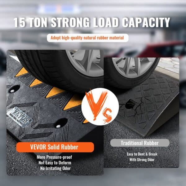 VEVOR rubber curb ramp: 15-ton load capacity, high-quality rubber, pressure-proof, no odor, versus traditional rubber.