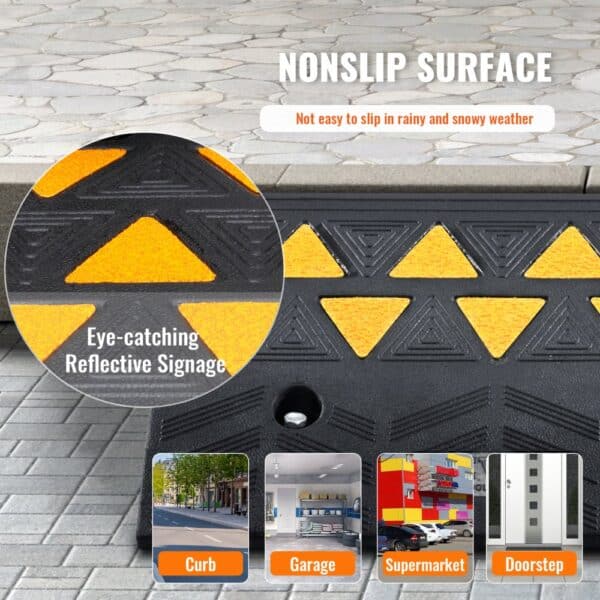 VEVOR rubber curb ramp with nonslip surface and reflective signage for curb, garage, and doorstep safety.