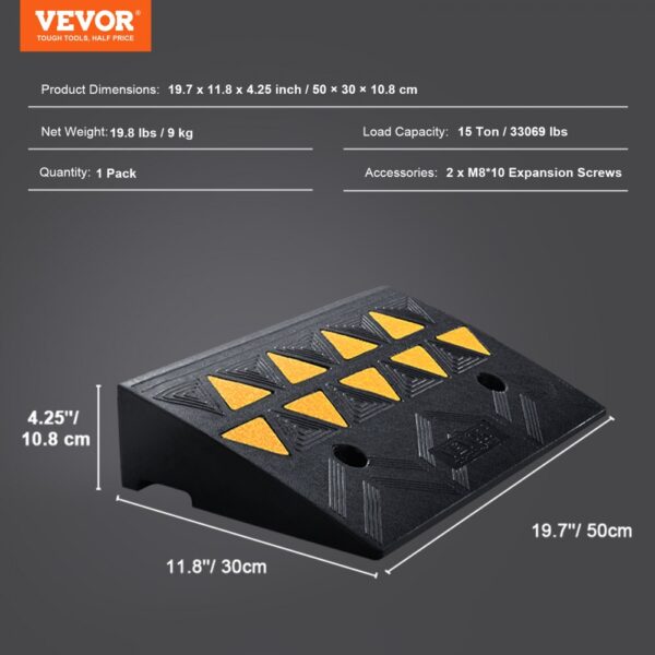 VEVOR rubber curb ramp with yellow grip triangles, dimensions, load capacity, and pack details displayed.