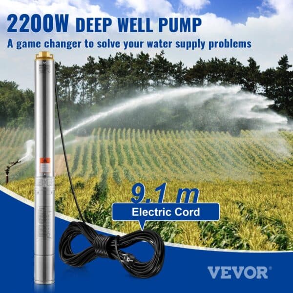 VEVOR Deep Well Submersible Pump Stainless Steel Water Pump 2200W 9.8 m³/h 144 m