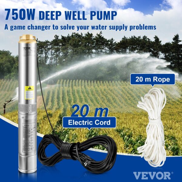 VEVOR Deep Well Submersible Pump, 750W 230V/50Hz, 105L/min 62 m Head Sand Resistant <5%, 20 m Electric Cord, 8.9 cm Stainless Steel Water Pumps for Industrial, Irrigation & Home Use, IP68 Waterproof