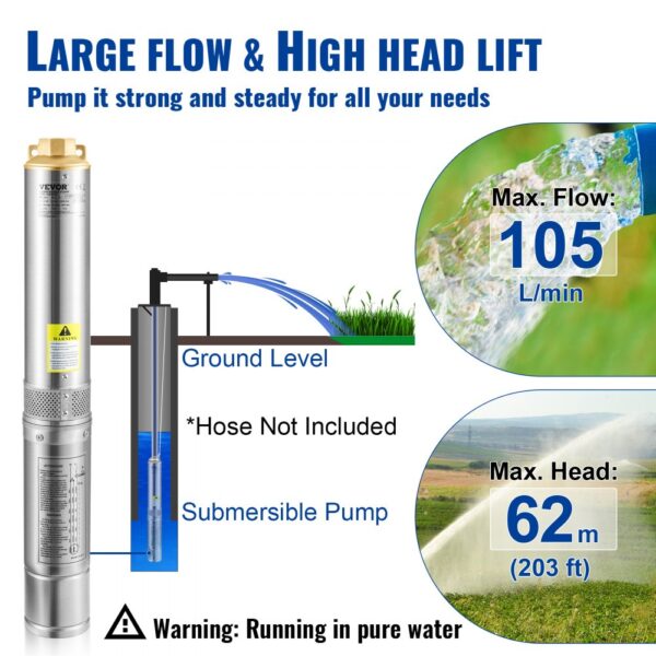 VEVOR Deep Well Submersible Pump, 750W 230V/50Hz, 105L/min 62 m Head Sand Resistant <5%, 20 m Electric Cord, 8.9 cm Stainless Steel Water Pumps for Industrial, Irrigation & Home Use, IP68 Waterproof