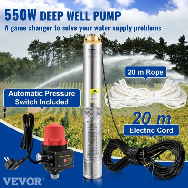 VEVOR Deep Well Submersible Pump, 550W 230V/50Hz, 50L/min 89 m Head, 20 m Cord & Automatic Pressure Switch, 7.6 cm Stainless Steel Water Pumps for Industrial, Irrigation & Home Use, IP68 Waterproof