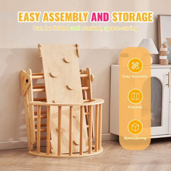 foldable VEVOR pikler triangle in a room, highlighting easy assembly and space-saving features.