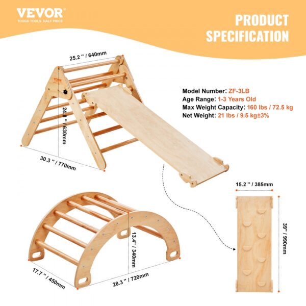 VEVOR pikler triangle set with slide, arch, and rock wall for toddlers, highlighting dimensions and specs.