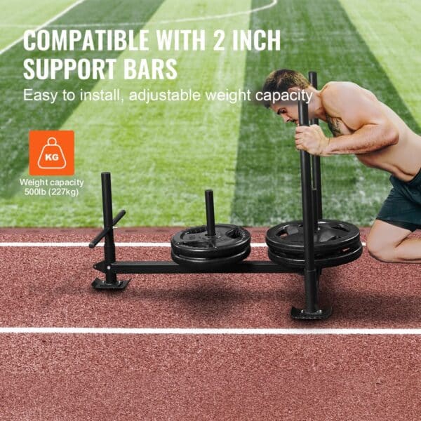 VEVOR weight training sled on a track with weights, compatible with 2-inch support bars, 500lb capacity.