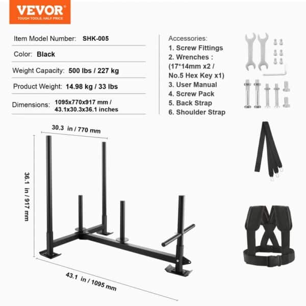 VEVOR weight training sled with screws, wrenches, straps, and user manual in black, model shk-005.