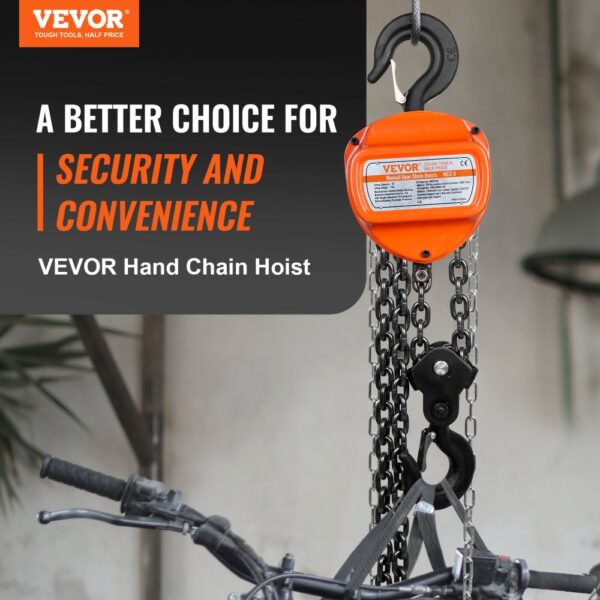 orange VEVOR hand chain hoist lifting a bicycle, promoting security and convenience.