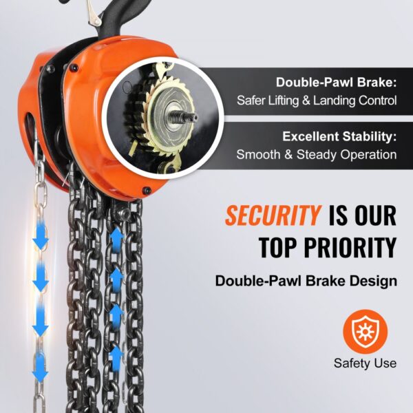 VEVOR hand chain hoist with double-pawl brake system for safer lifting and excellent stability.