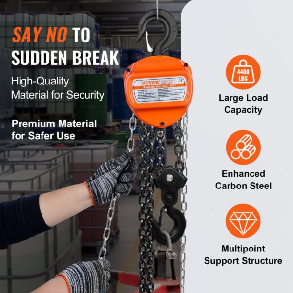 VEVOR hand chain hoist for secure heavy lifting, premium carbon steel, large load capacity.