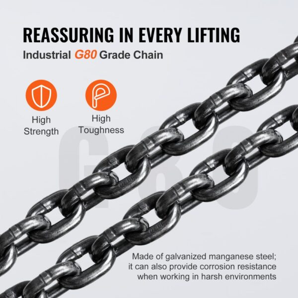 VEVOR hand chain hoist g80 chain with high strength and toughness, made of galvanized manganese steel.