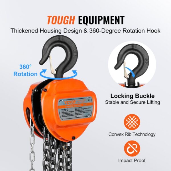 VEVOR hand chain hoist with 360-degree rotation hook, locking buckle, and thickened housing design.