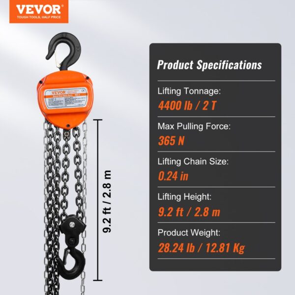 VEVOR hand chain hoist - 2.8m lifting height, 2-ton capacity, 0.24in chain size, 365n pulling force.