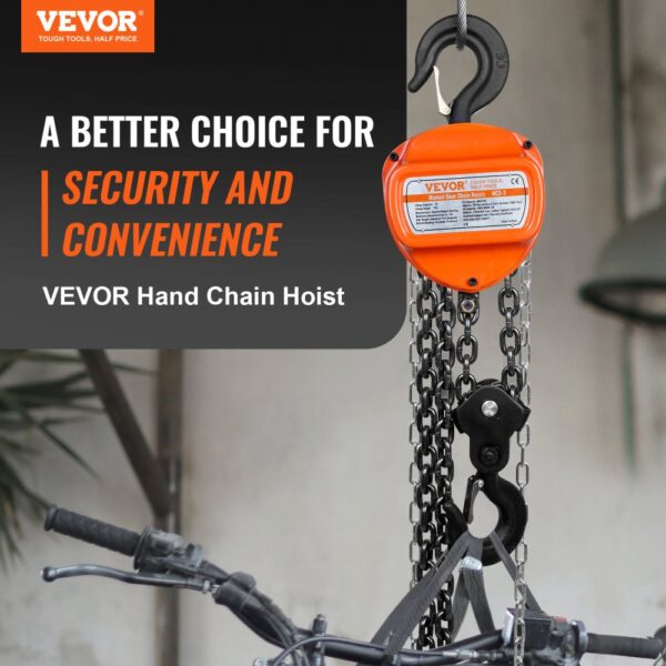 VEVOR hand chain hoist hanging with security message in background, lifting a bicycle.