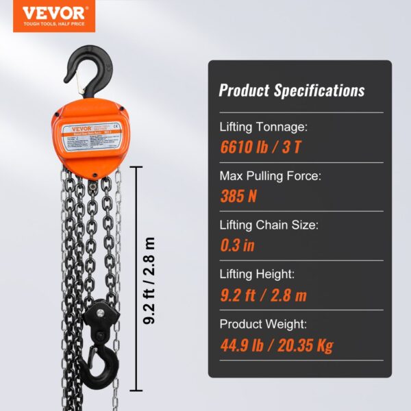 VEVOR hand chain hoist, 6610 lb lifting capacity, 9.2 ft height, 385 n pulling force, 20.35 kg weight.