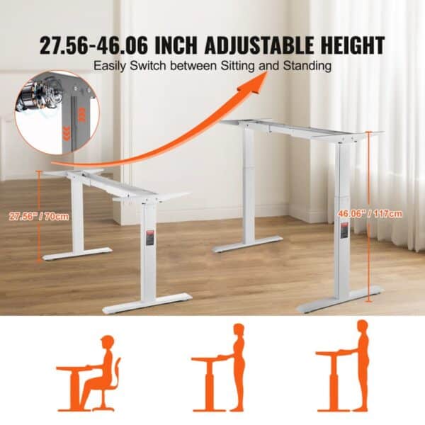 VEVOR Standing Desk Frame Dual Motor, Adjustable 27.6"-46.1" Height & 43.3"-70.1" Length Electric Stand Up Computer Desk Legs, Ergonomic DIY Workstation Base for Home and Office (White Frame Only)