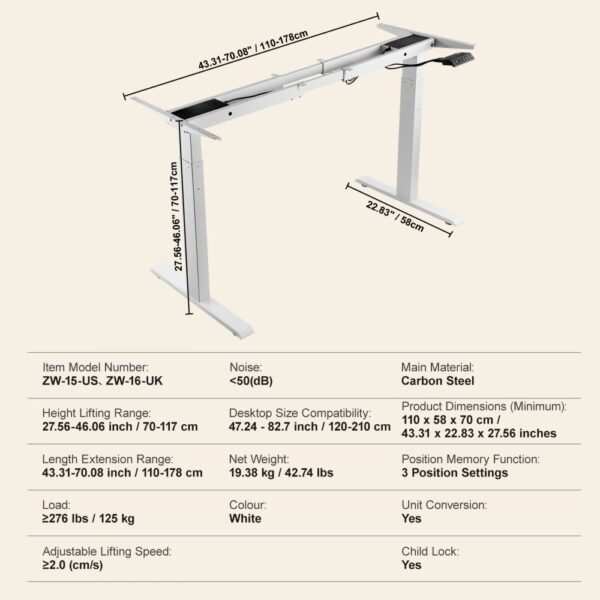 VEVOR Standing Desk Frame Dual Motor, Adjustable 27.6"-46.1" Height & 43.3"-70.1" Length Electric Stand Up Computer Desk Legs, Ergonomic DIY Workstation Base for Home and Office (White Frame Only)