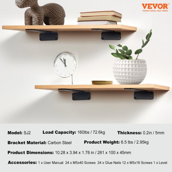 wooden shelves supported by black VEVOR shelf brackets, holding a clock, books, and a potted plant.