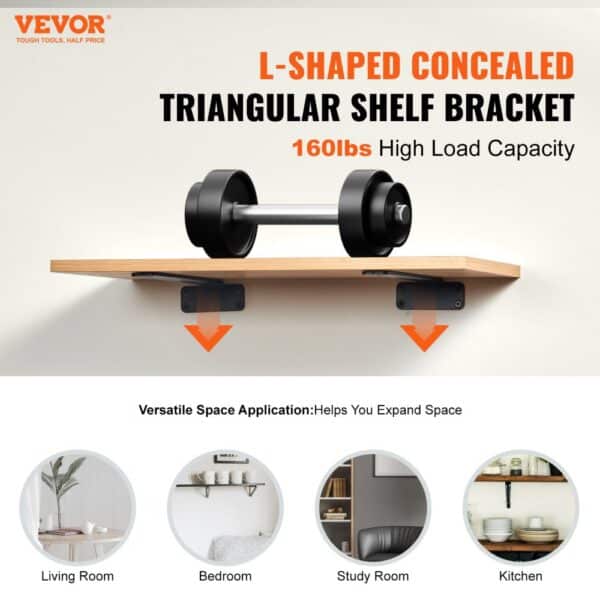 VEVOR shelf brackets support wooden plank holding dumbbells, with versatile applications in four rooms.
