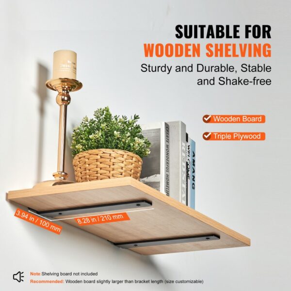 VEVOR shelf brackets displaying wooden shelf with plant, candleholder, and books, measuring 100mm x 210mm.