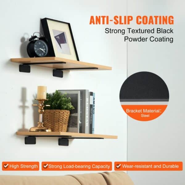 VEVOR shelf brackets supporting wooden shelves with various decor, featuring black powder-coated steel brackets.