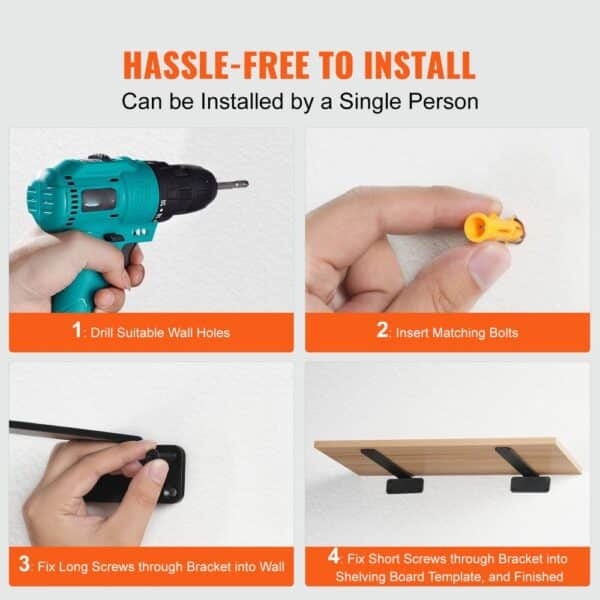 installation guide for VEVOR shelf brackets: drill wall holes, insert bolts, fix screws, attach shelf.