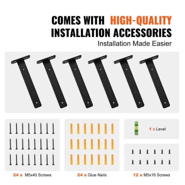 VEVOR shelf brackets with m5x40 and m5x16 screws, glue nails, and level for easier installation.