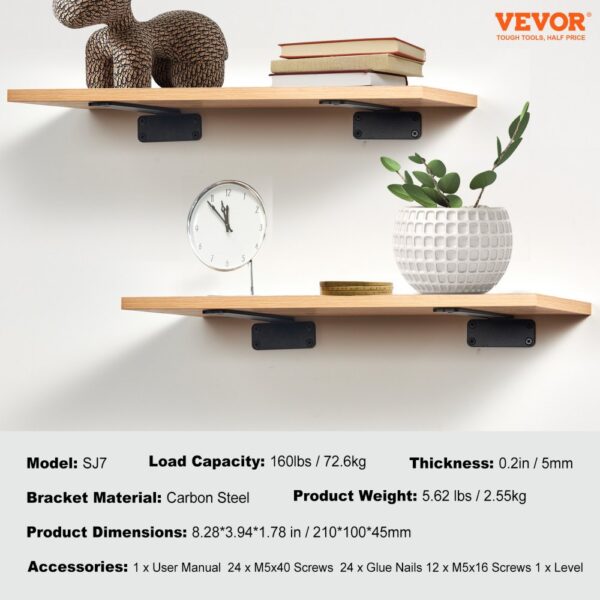 two wall-mounted wooden shelves supported by VEVOR shelf brackets, holding decor items, books, and a plant.