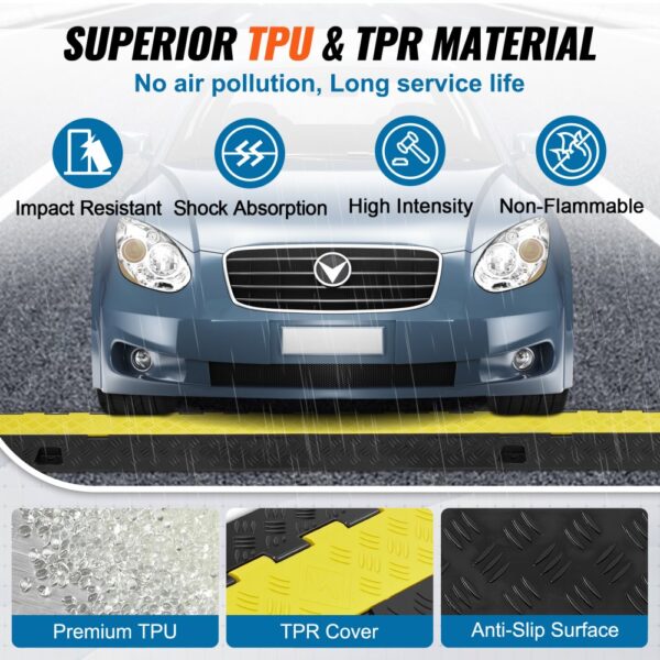 blue car driving over VEVOR cable protector ramp under rain; impact-resistant tpr cover and anti-slip surface.