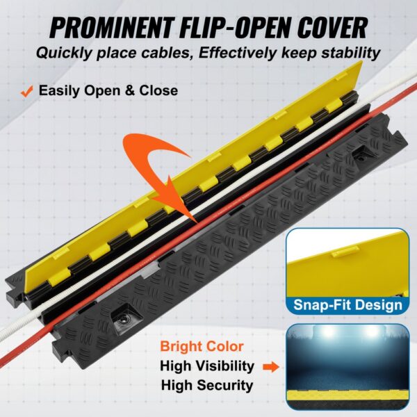 VEVOR cable protector ramp with yellow flip-open cover for easy cable placement, high visibility, and security.