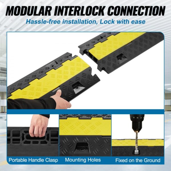 VEVOR cable protector ramp with modular interlock connection, handle clasp, mounting holes, and ground fixing.