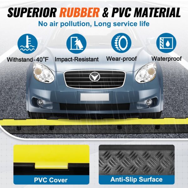 car driving over VEVOR cable protector ramp showing rubber and pvc material with weather-resistant features.