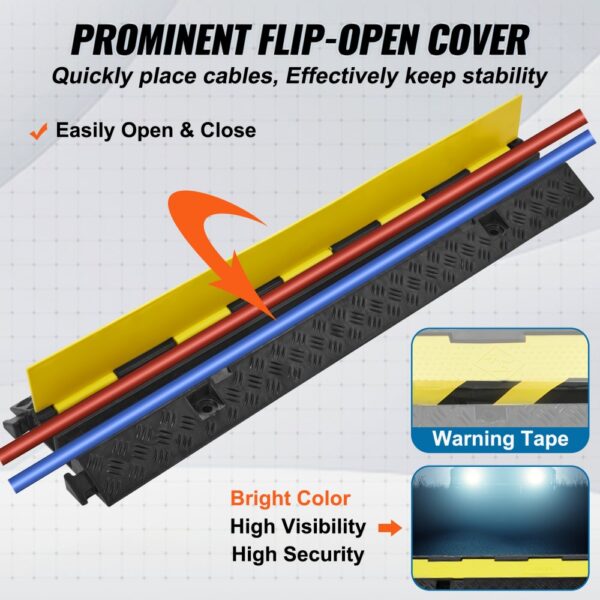 VEVOR cable protector ramp with flip-open cover, bright yellow for high visibility and security.