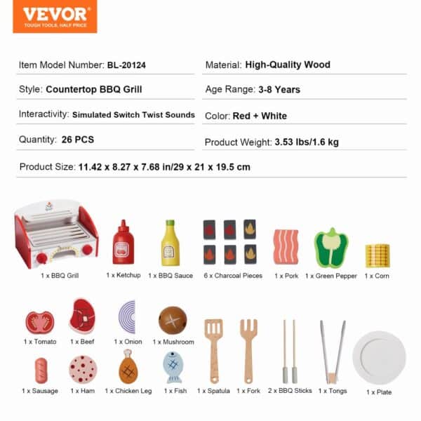 VEVOR 26 PCS Kids BBQ Grill Playset Wooden Cooking Grill Toy Set Pretend Sound