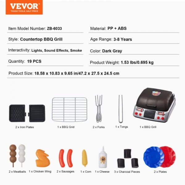 VEVOR 19 PCS Kids BBQ Grill Playset Cooking Grill Toy Set with Smoke Sound Light