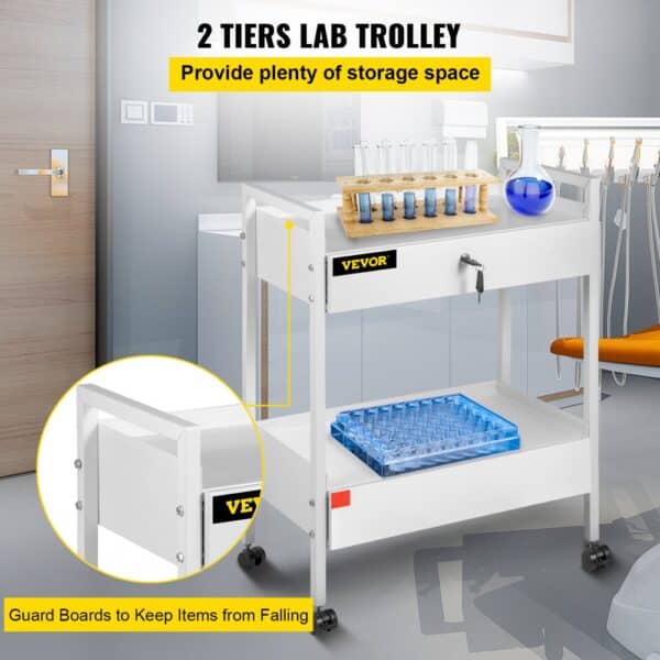 VEVOR Lab Cart, 2 Tiers Stainless Steel Utility Cart Medical Cart 2 Drawers Rolling Lab Cart White Paint Serving Cart with 360° Casters for Laboratory Hospital Dental Office Salon Beauty