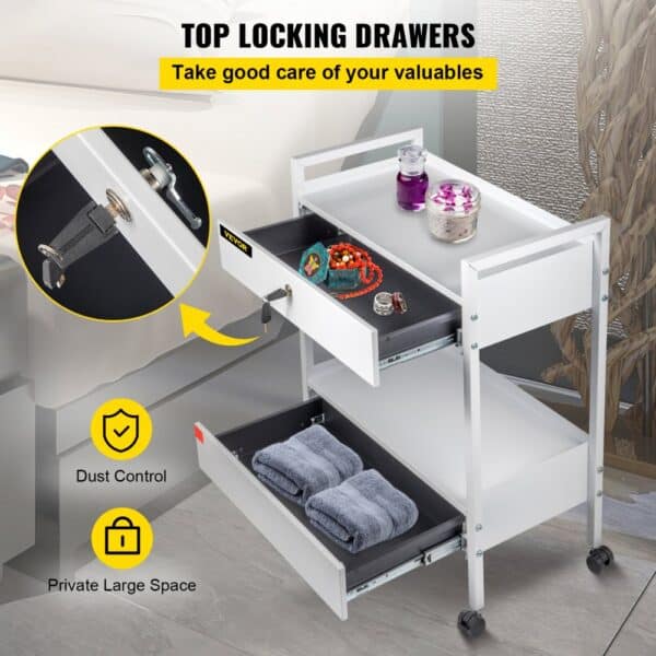 VEVOR Lab Cart, 2 Tiers Stainless Steel Utility Cart Medical Cart 2 Drawers Rolling Lab Cart White Paint Serving Cart with 360° Casters for Laboratory Hospital Dental Office Salon Beauty