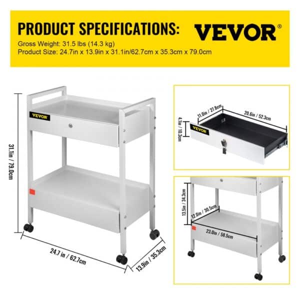 VEVOR Lab Cart, 2 Tiers Stainless Steel Utility Cart Medical Cart 2 Drawers Rolling Lab Cart White Paint Serving Cart with 360° Casters for Laboratory Hospital Dental Office Salon Beauty