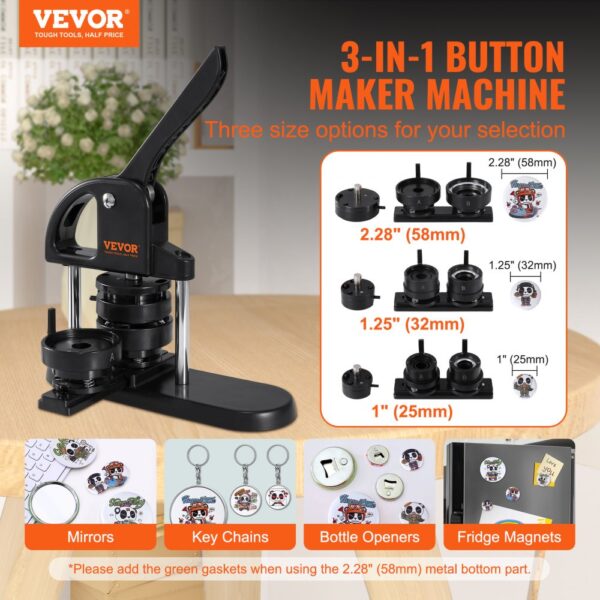 VEVOR button maker with 3-in-1 size options, perfect for mirrors, key chains, bottle openers, and magnets.