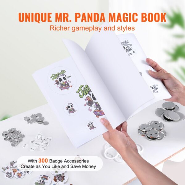 hands flipping through VEVOR button maker book with panda designs, surrounded by badge accessories.