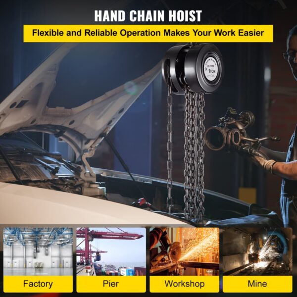 VEVOR hand chain hoist in workshop usage, suitable for factory, pier, mine.