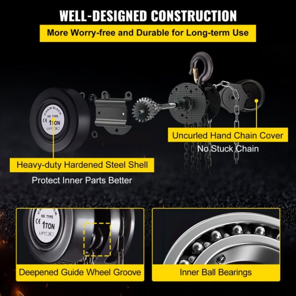 VEVOR hand chain hoist with steel shell, chain cover, guide wheel, and ball bearings.