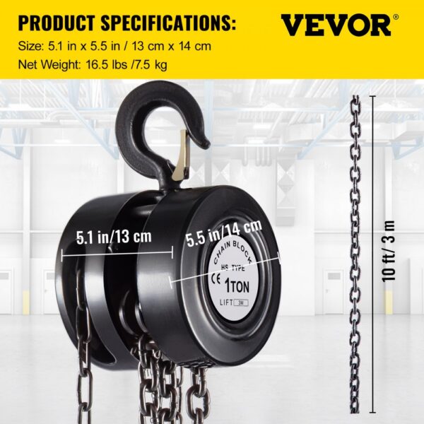 VEVOR hand chain hoist, 1-ton capacity, measurements shown, 10 ft chain length.