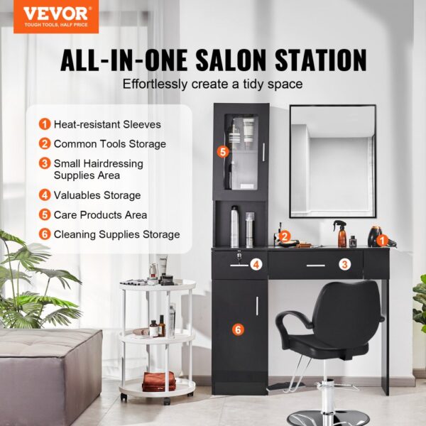 VEVOR salon workstation, all-in-one storage solution for tools, supplies, and products in salon setting.