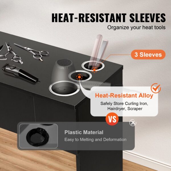 VEVOR salon workstation with heat-resistant sleeves for organizing curling iron, hairdryer, and scraper.