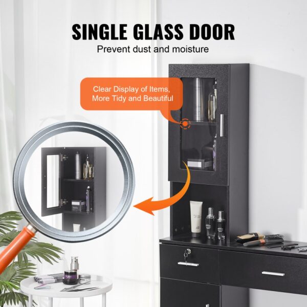 VEVOR salon workstation with a single glass door showcasing beauty products, preventing dust and moisture.