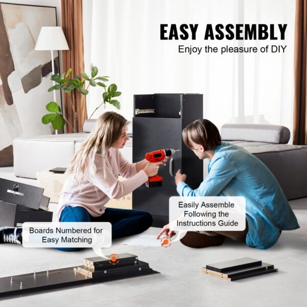 VEVOR salon workstation assembly with two people using a power drill, instructions, and labeled parts.