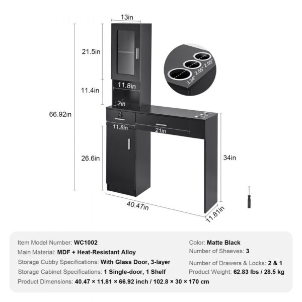 VEVOR salon workstation in matte black with glass door, drawer, single-door cabinet, and three sleeves.