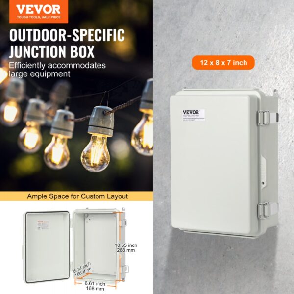 VEVOR outdoor electrical junction box, 12x8x7 inches, ample space for custom layout, efficient for equipment.